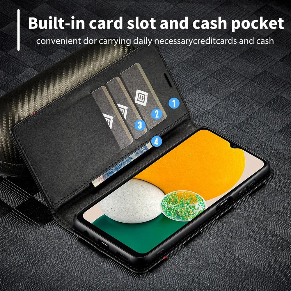 LC.IMEEKE Carbon Fiber Texture Wallet Stand Design PU Leather Phone Case Cover for Samsung Galaxy A13 5G / A04s 4G (164.7mm) - Horizontal Stripe - 7