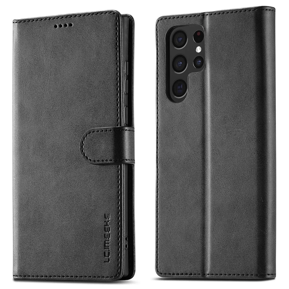 LC.IMEEKE Full Protection PU Leather Case Folio Flip Wallet Stand Phone Cover for Samsung Galaxy S22 Ultra 5G - Black - 1