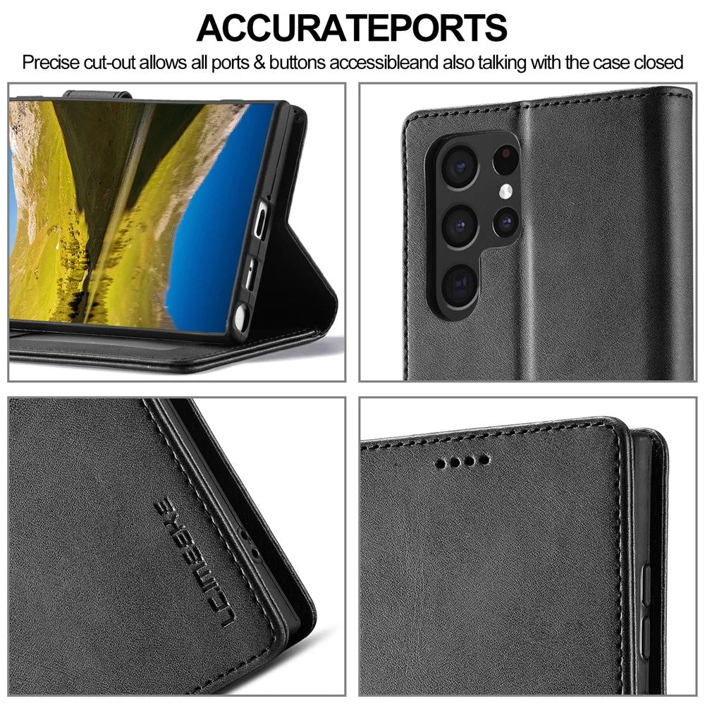 LC.IMEEKE Full Protection PU Leather Case Folio Flip Wallet Stand Phone Cover for Samsung Galaxy S22 Ultra 5G - Black - 5