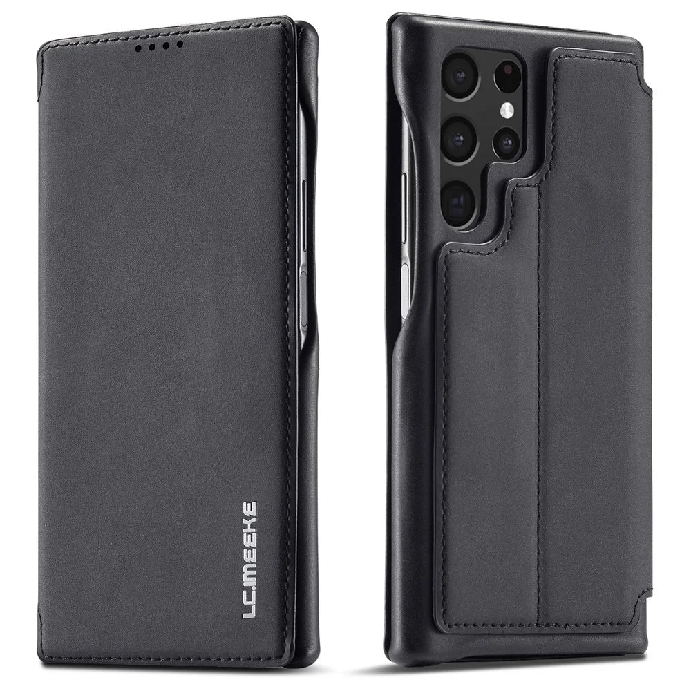 LC.IMEEKE Magnetic Aut Closing Leather Stand Case Cover with Card Slot for Samsung Galaxy S22 Ultra 5G - Black - 1