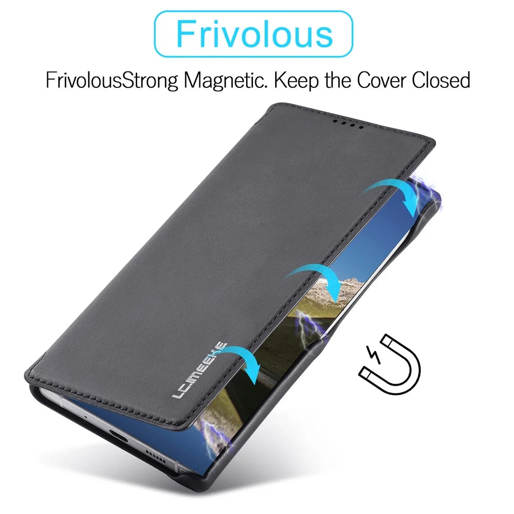 LC.IMEEKE Magnetic Aut Closing Leather Stand Case Cover with Card Slot for Samsung Galaxy S22 Ultra 5G - Black - 3