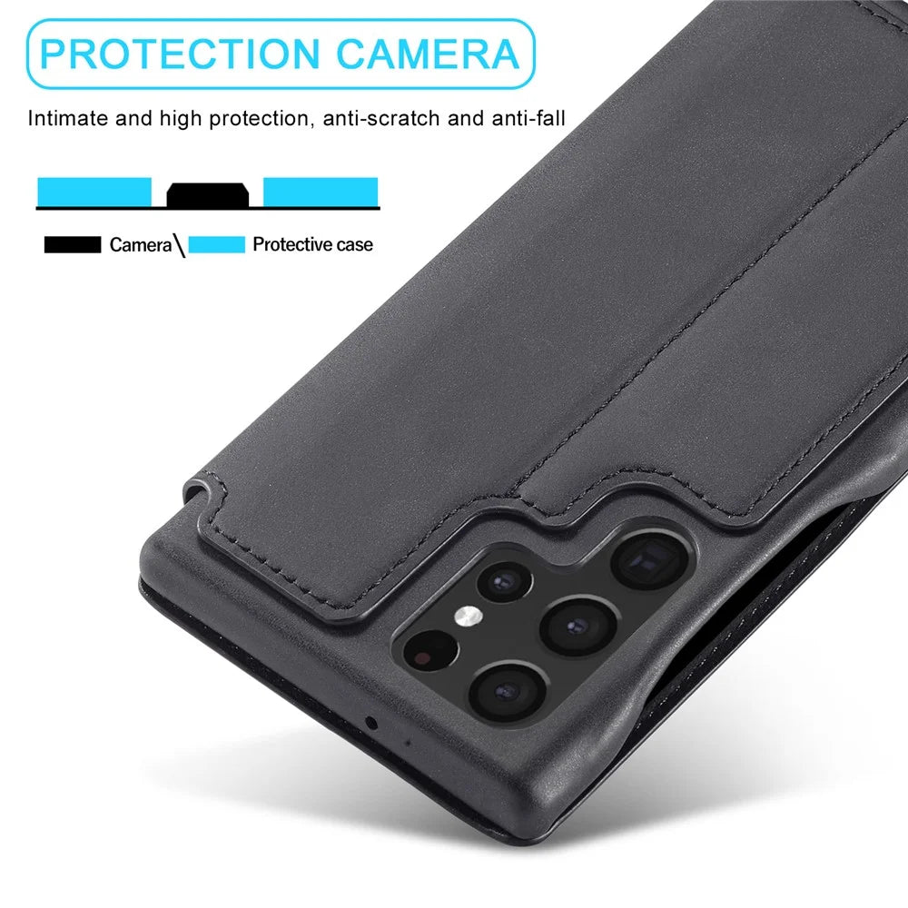 LC.IMEEKE Magnetic Aut Closing Leather Stand Case Cover with Card Slot for Samsung Galaxy S22 Ultra 5G - Black - 4