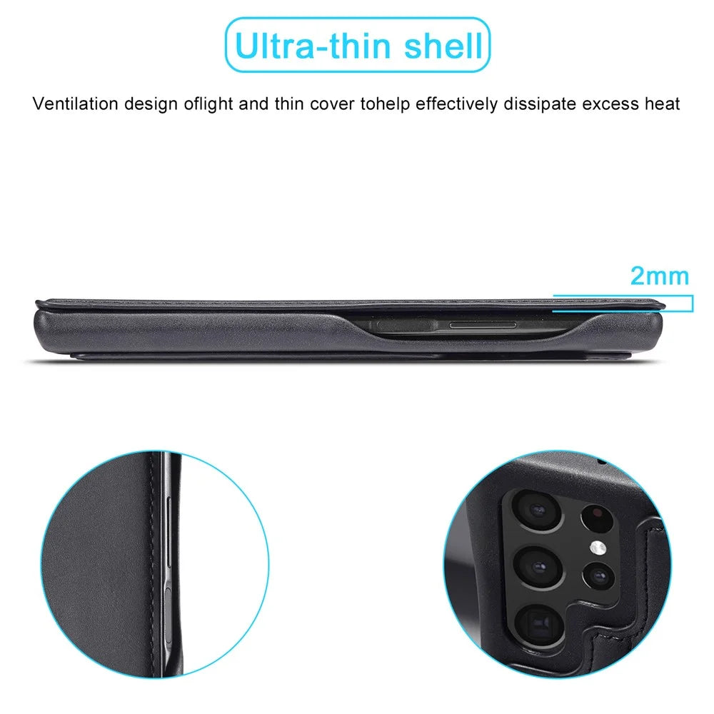 LC.IMEEKE Magnetic Aut Closing Leather Stand Case Cover with Card Slot for Samsung Galaxy S22 Ultra 5G - Black - 6