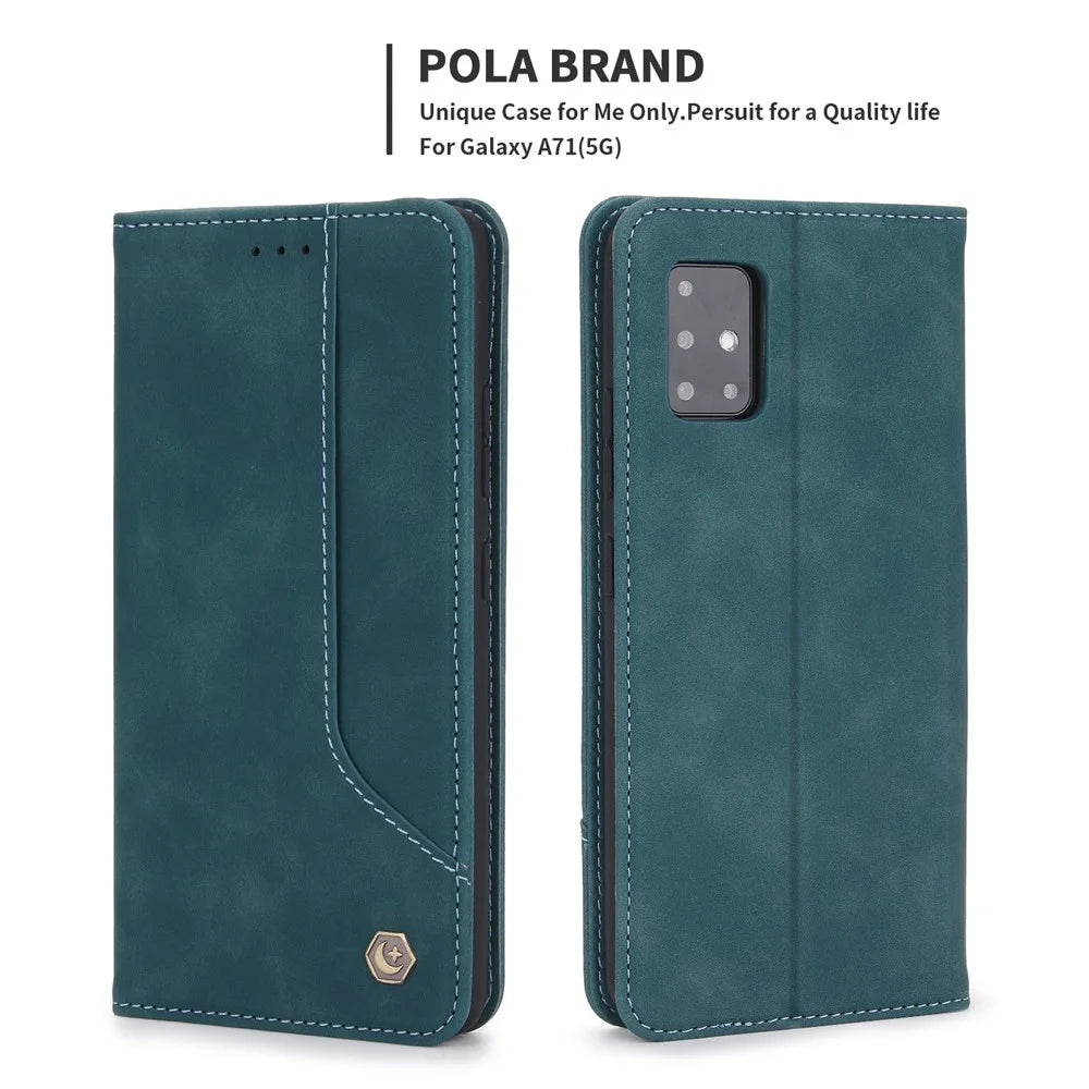 POLA 008 Series Retro Style Strong Magnetic Auto Closing PU Leather Stand Wallet Phone Case for Samsung Galaxy A71 5G SM-A716 - Blue - 2