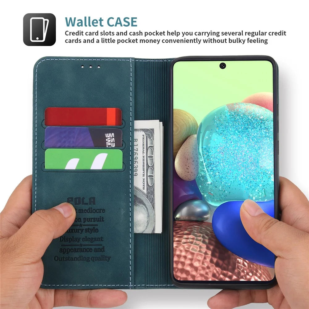POLA 008 Series Retro Style Strong Magnetic Auto Closing PU Leather Stand Wallet Phone Case for Samsung Galaxy A71 5G SM-A716 - Blue - 3