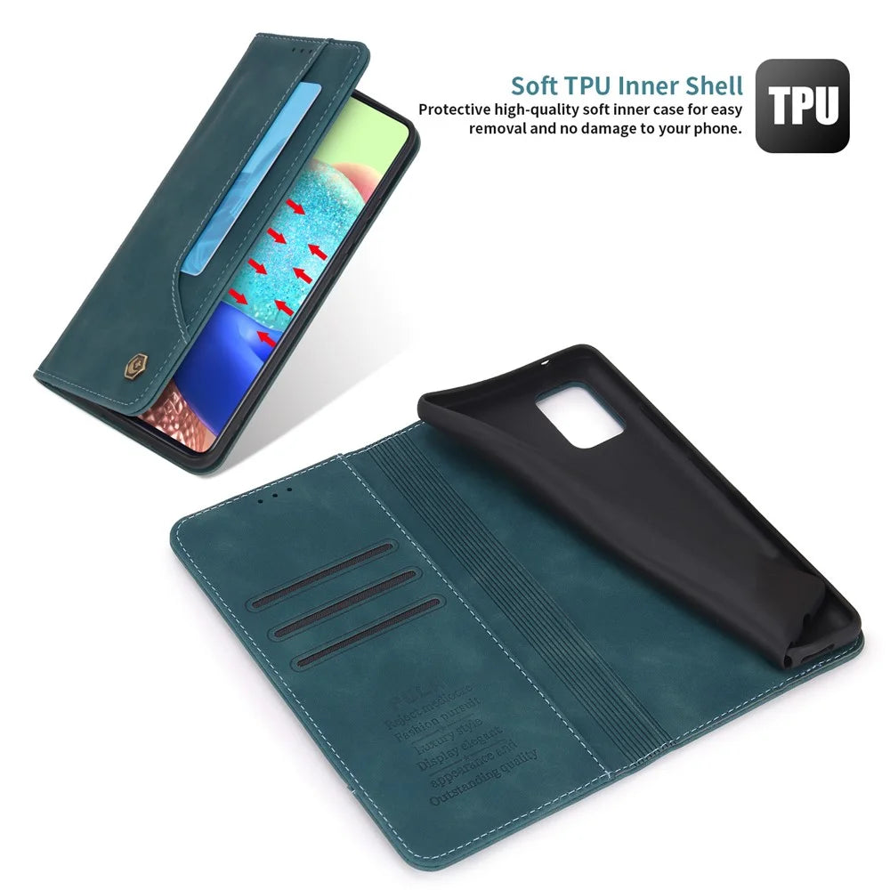 POLA 008 Series Retro Style Strong Magnetic Auto Closing PU Leather Stand Wallet Phone Case for Samsung Galaxy A71 5G SM-A716 - Blue - 5