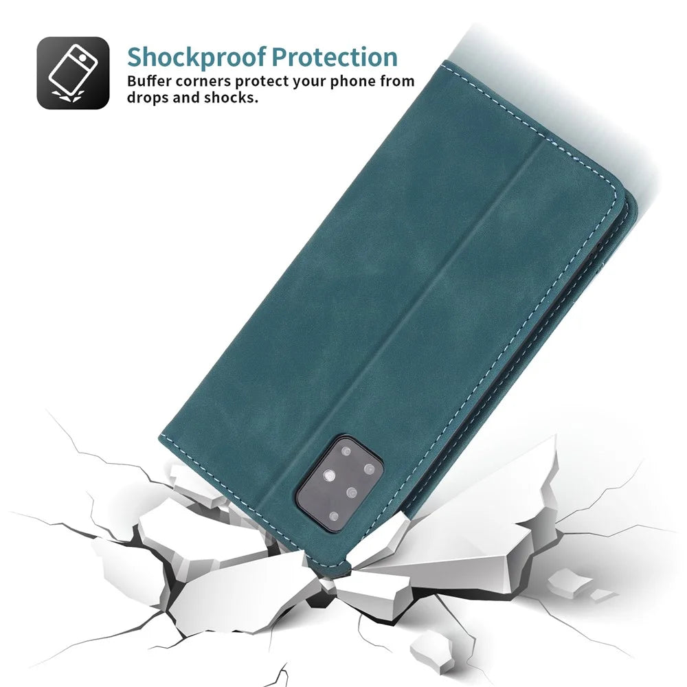 POLA 008 Series Retro Style Strong Magnetic Auto Closing PU Leather Stand Wallet Phone Case for Samsung Galaxy A71 5G SM-A716 - Blue - 6