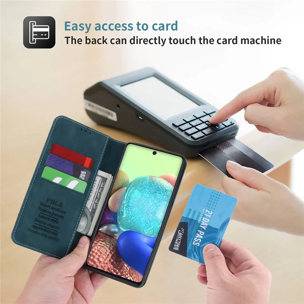 POLA 008 Series Retro Style Strong Magnetic Auto Closing PU Leather Stand Wallet Phone Case for Samsung Galaxy A71 5G SM-A716 - Blue - 7