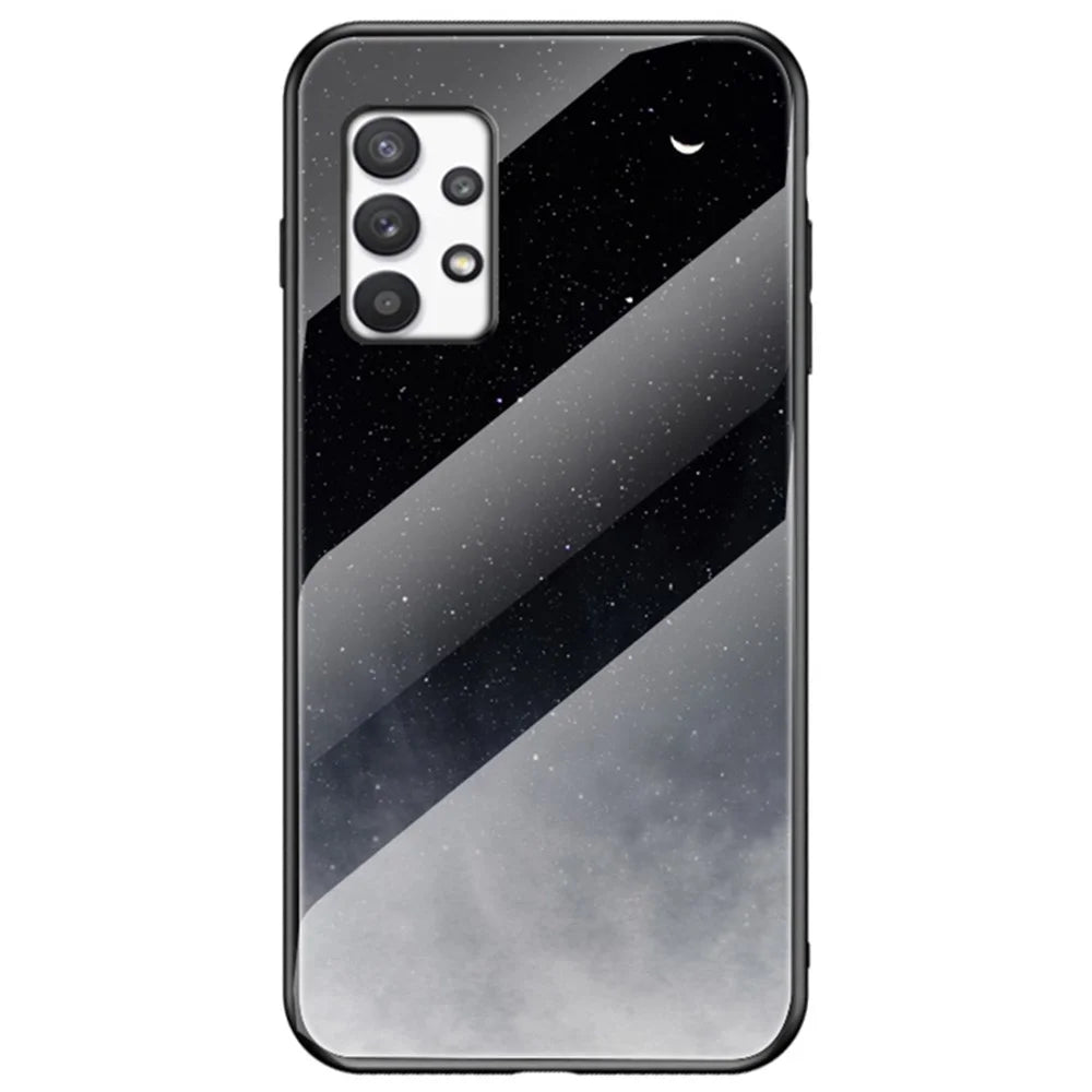Drop-resistant Tempered Glass + PC + TPU Hybrid Shell Starry Sky Pattern Phone Case for Samsung Galaxy A53 5G - Starry Crescent Moon - 1