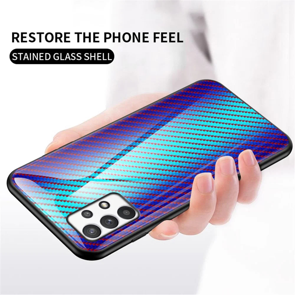 Carbon Fiber Texture Tempered Glass Back PC+TPU Cover Anti-fingerprint Scratch-resistant Phone Case for Samsung Galaxy A53 5G  - Blue - 3