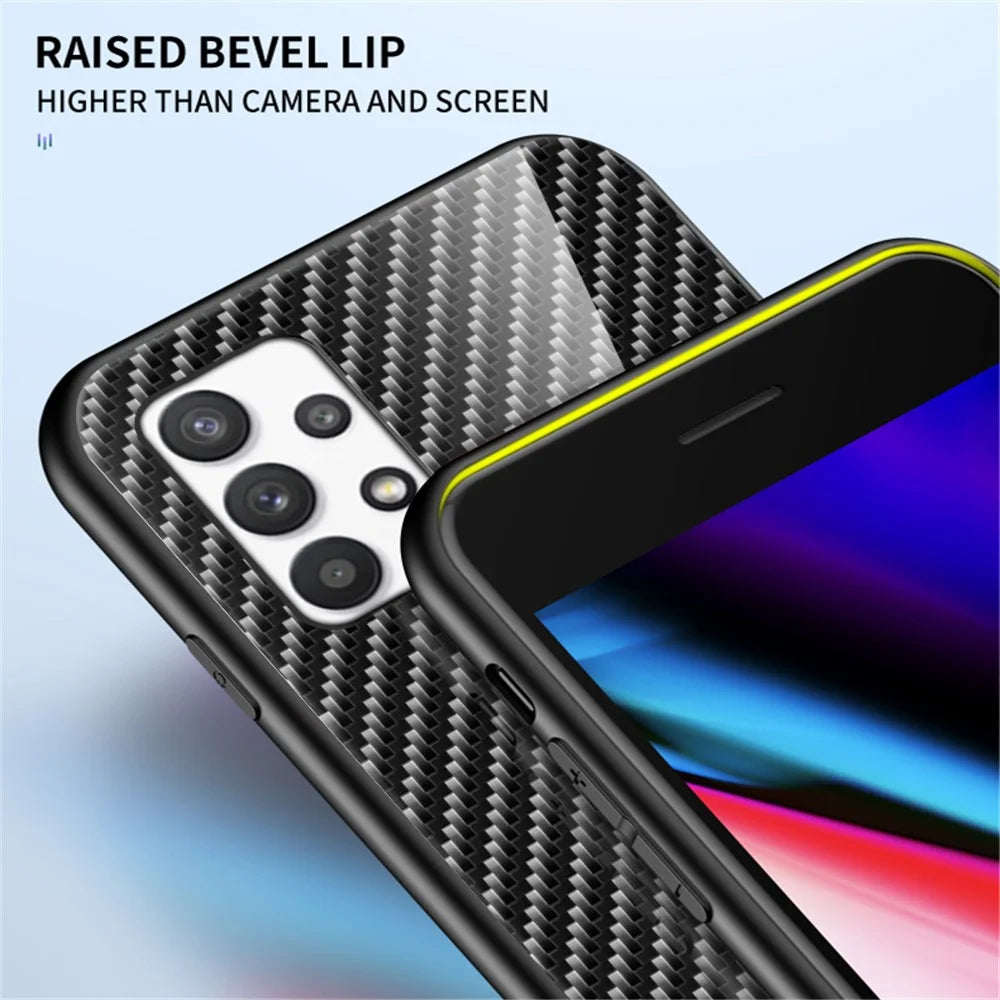 Carbon Fiber Texture Tempered Glass Back PC+TPU Cover Anti-fingerprint Scratch-resistant Phone Case for Samsung Galaxy A53 5G  - Blue - 5