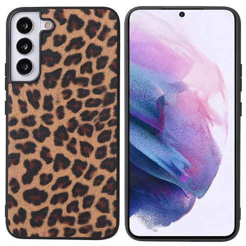 Stylish Textured Pattern Light PU Leather Coated TPU+PC Mobile Phone Case Cover for Samsung Galaxy S22 5G - Leopard/Dark Brown - 1