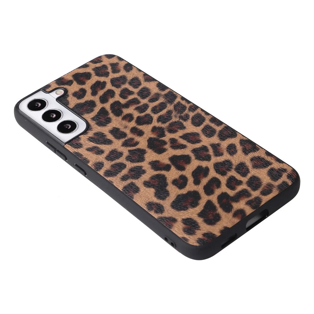 Stylish Textured Pattern Light PU Leather Coated TPU+PC Mobile Phone Case Cover for Samsung Galaxy S22 5G - Leopard/Dark Brown - 2