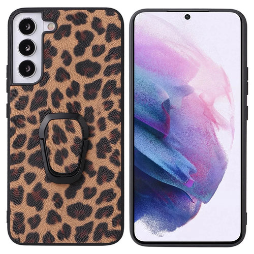 Stylish Textured Pattern Kickstand Design PU Leather Coated TPU+PC Hybrid Case Cover for Samsung Galaxy S22 5G - Leopard/Dark Brown - 1