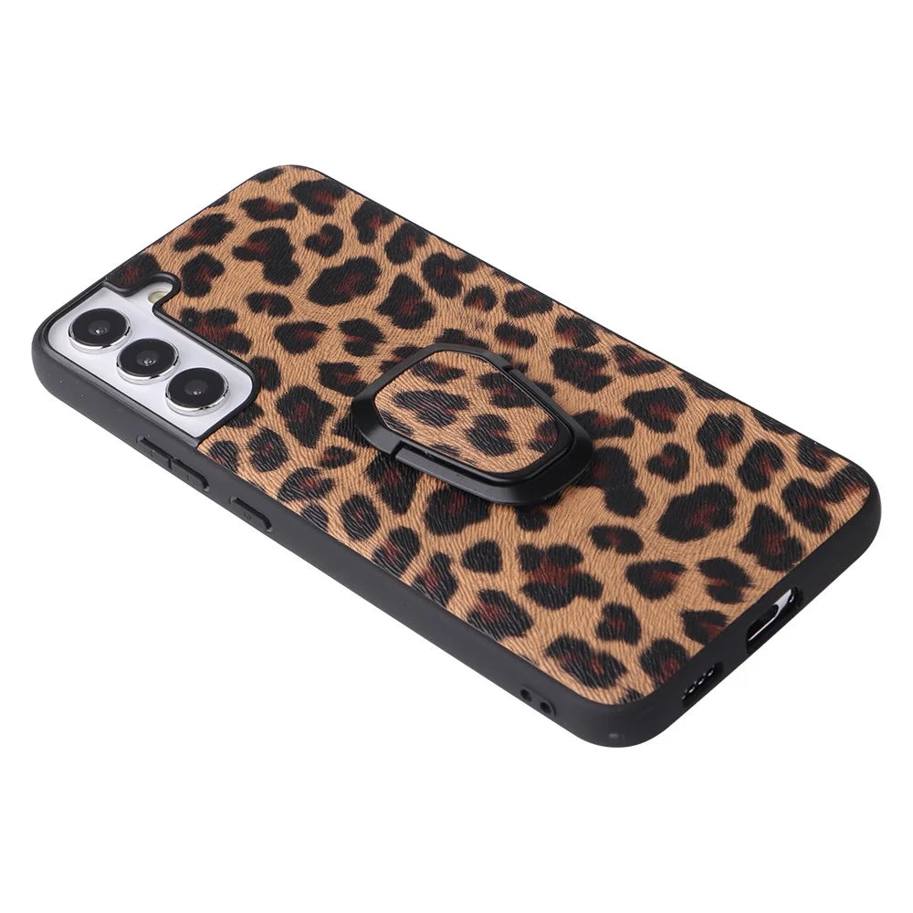 Stylish Textured Pattern Kickstand Design PU Leather Coated TPU+PC Hybrid Case Cover for Samsung Galaxy S22 5G - Leopard/Dark Brown - 2