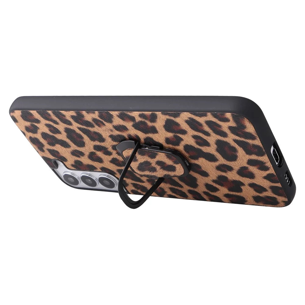 Stylish Textured Pattern Kickstand Design PU Leather Coated TPU+PC Hybrid Case Cover for Samsung Galaxy S22 5G - Leopard/Dark Brown - 3