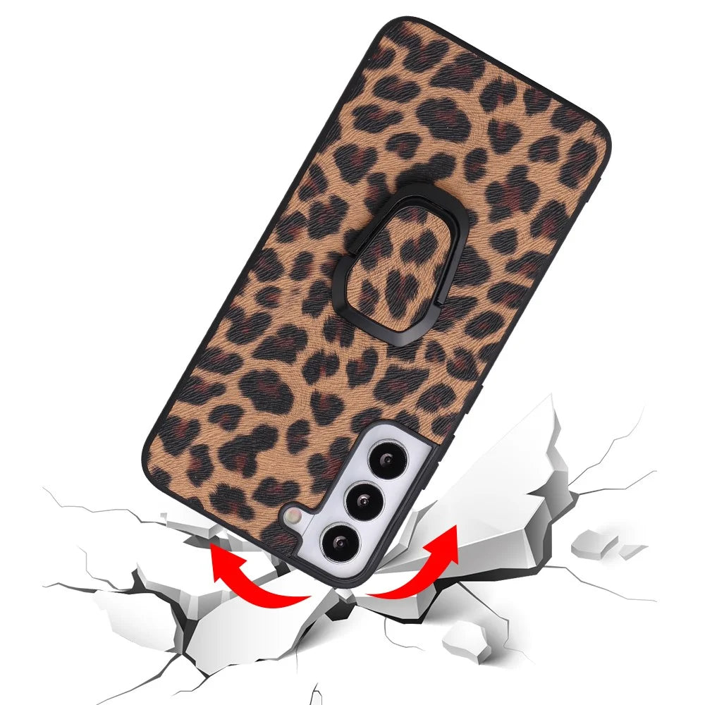 Stylish Textured Pattern Kickstand Design PU Leather Coated TPU+PC Hybrid Case Cover for Samsung Galaxy S22 5G - Leopard/Dark Brown - 4