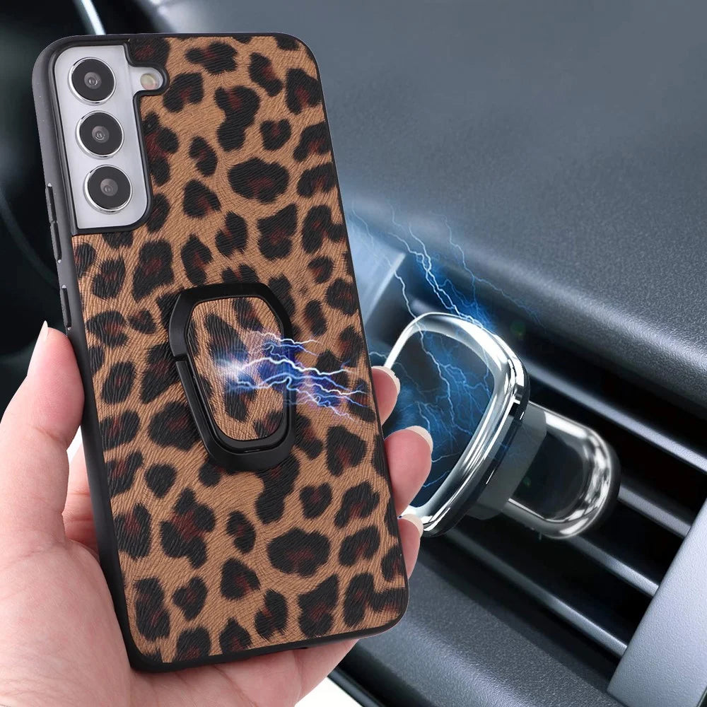Stylish Textured Pattern Kickstand Design PU Leather Coated TPU+PC Hybrid Case Cover for Samsung Galaxy S22 5G - Leopard/Dark Brown - 5