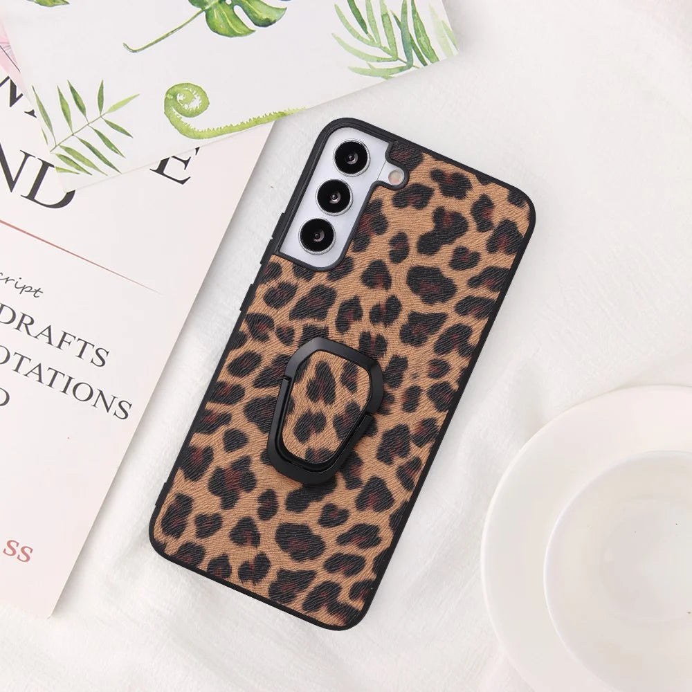 Stylish Textured Pattern Kickstand Design PU Leather Coated TPU+PC Hybrid Case Cover for Samsung Galaxy S22 5G - Leopard/Dark Brown - 7