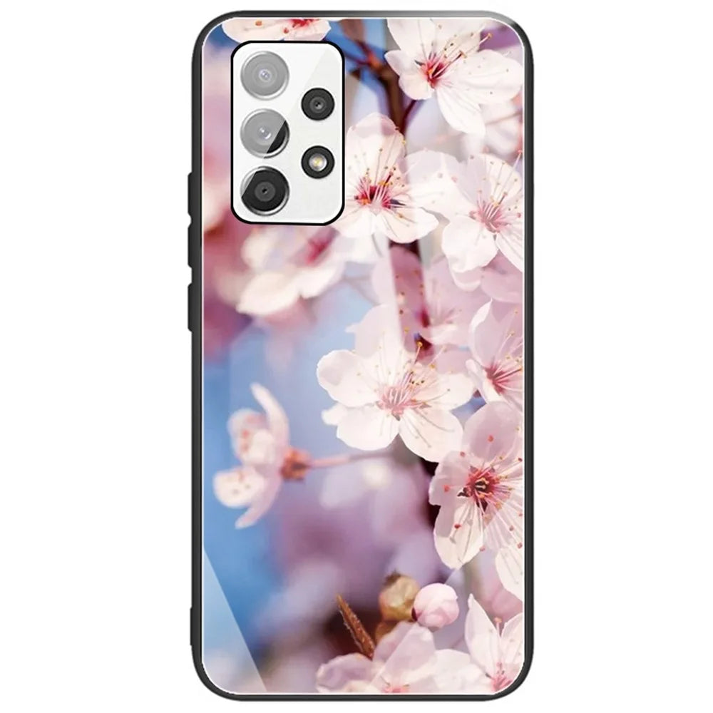 Pattern Printing Anti-Scratch Tempered Glass Back Soft TPU Frame Shock-Absorption Phone Case for Samsung Galaxy A53 5G - Peach Blossom - 1