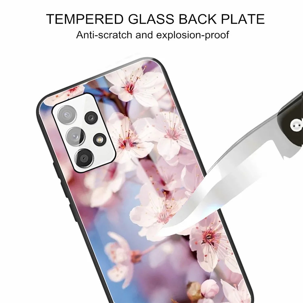 Pattern Printing Anti-Scratch Tempered Glass Back Soft TPU Frame Shock-Absorption Phone Case for Samsung Galaxy A53 5G - Peach Blossom - 2