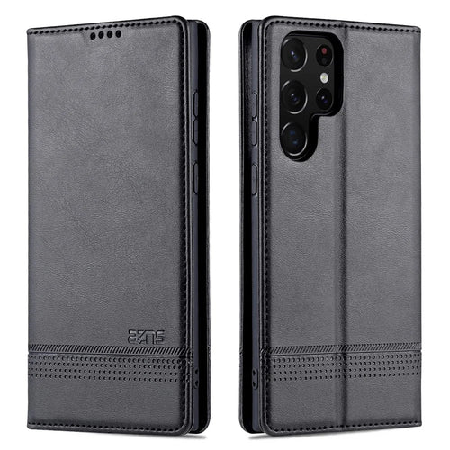 AZNS Magnetic Auto-absorbed PU Leather Cover Stand Wallet Folio Flip Phone Case for Samsung Galaxy S22 Ultra 5G - Black - 1