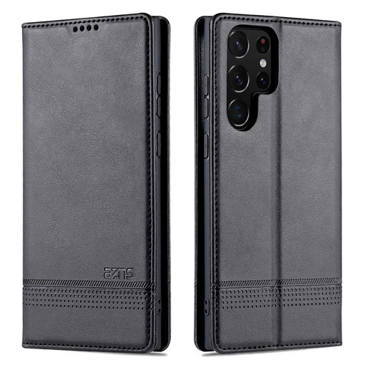 AZNS Magnetic Auto-absorbed PU Leather Cover Stand Wallet Folio Flip Phone Case for Samsung Galaxy S22 Ultra 5G - Black - 1