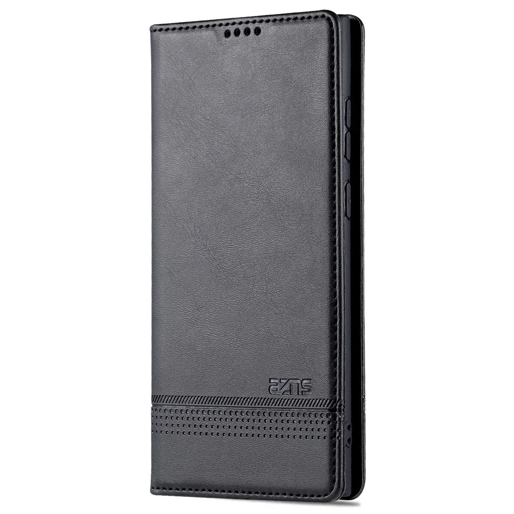AZNS Magnetic Auto-absorbed PU Leather Cover Stand Wallet Folio Flip Phone Case for Samsung Galaxy S22 Ultra 5G - Black - 2