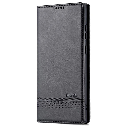 AZNS Magnetic Auto-absorbed PU Leather Cover Stand Wallet Folio Flip Phone Case for Samsung Galaxy S22 Ultra 5G - Black - 2