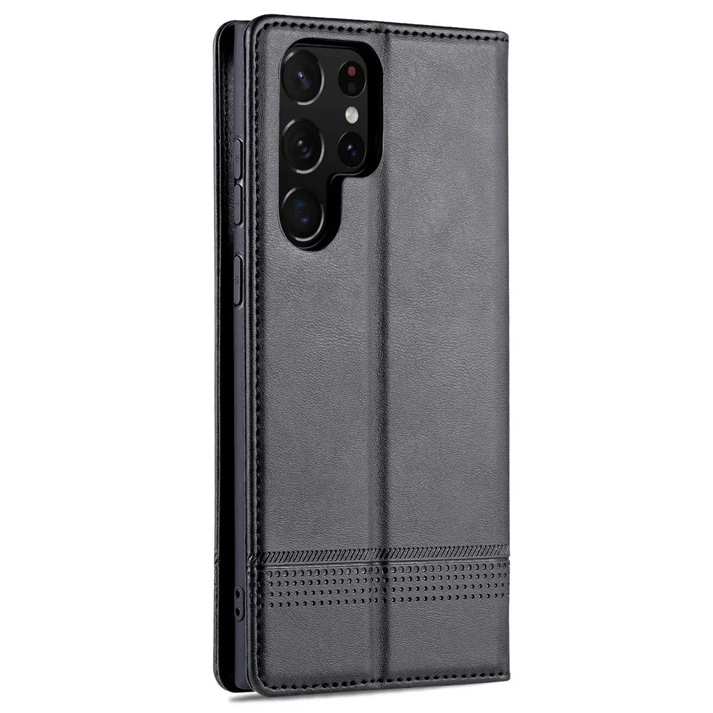 AZNS Magnetic Auto-absorbed PU Leather Cover Stand Wallet Folio Flip Phone Case for Samsung Galaxy S22 Ultra 5G - Black - 3