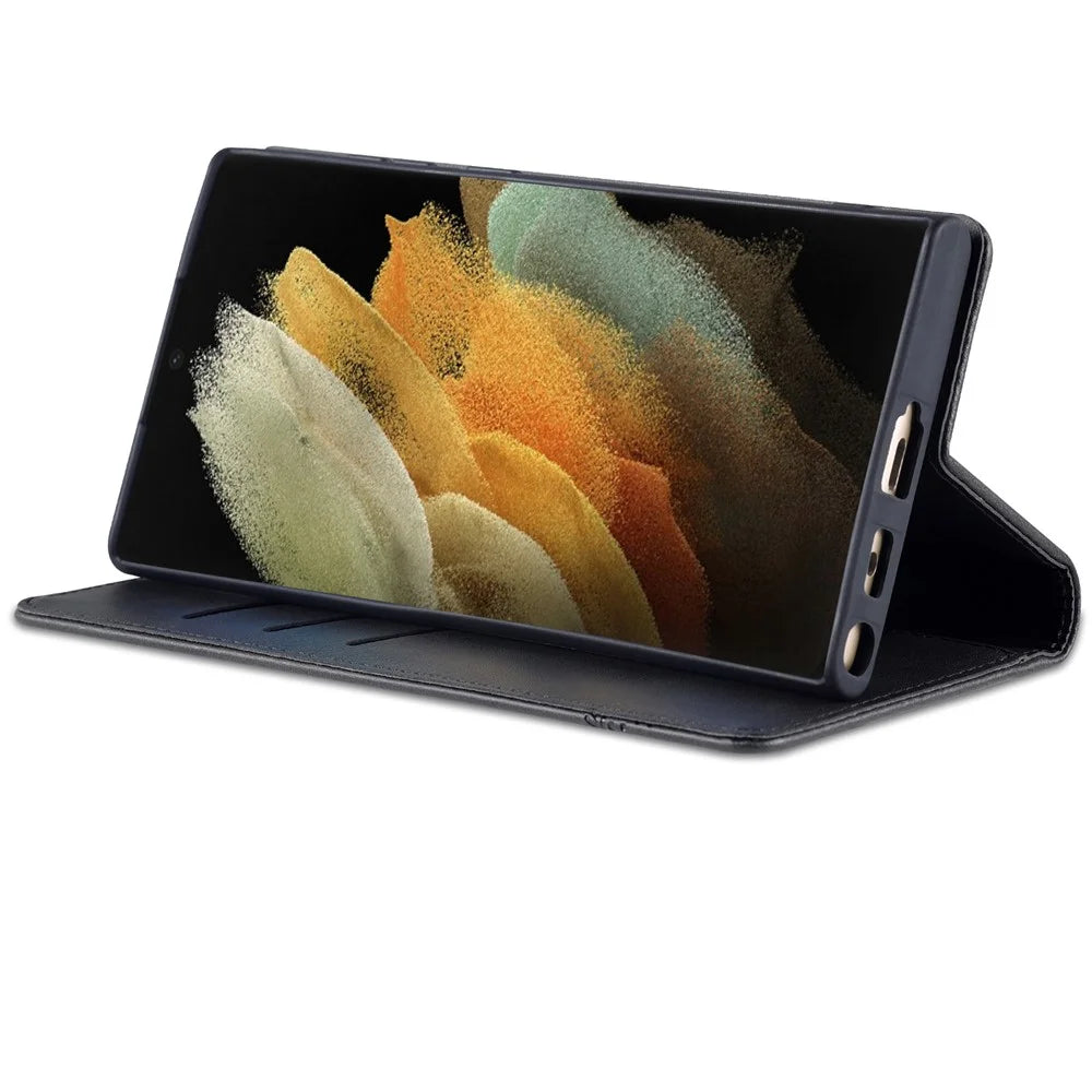 AZNS Magnetic Auto-absorbed PU Leather Cover Stand Wallet Folio Flip Phone Case for Samsung Galaxy S22 Ultra 5G - Black - 4