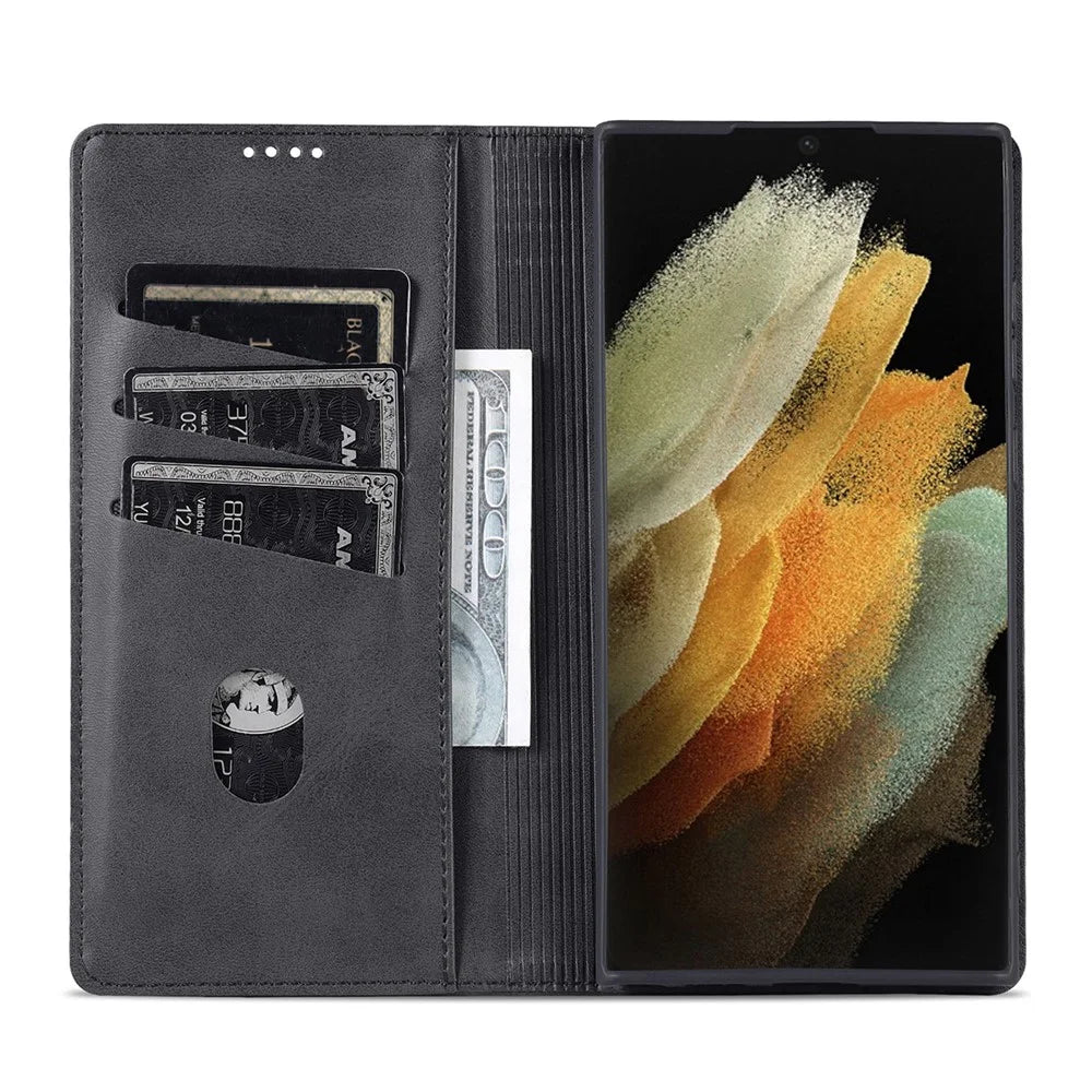 AZNS Magnetic Auto-absorbed PU Leather Cover Stand Wallet Folio Flip Phone Case for Samsung Galaxy S22 Ultra 5G - Black - 5