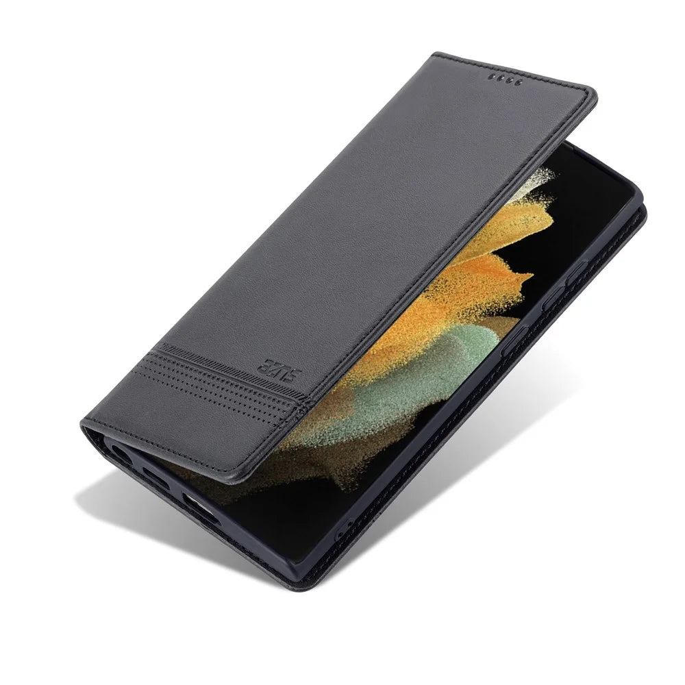 AZNS Magnetic Auto-absorbed PU Leather Cover Stand Wallet Folio Flip Phone Case for Samsung Galaxy S22 Ultra 5G - Black - 7