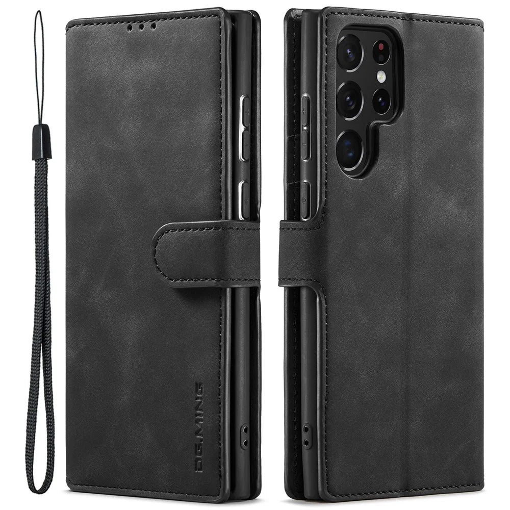 DG.MING Retro Style PU Leather Wallet Cover Scratch-resistant Foldable Stand Phone Case for Samsung Galaxy S22 Ultra 5G - Black - 1