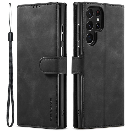 DG.MING Retro Style PU Leather Wallet Cover Scratch-resistant Foldable Stand Phone Case for Samsung Galaxy S22 Ultra 5G - Black - 1