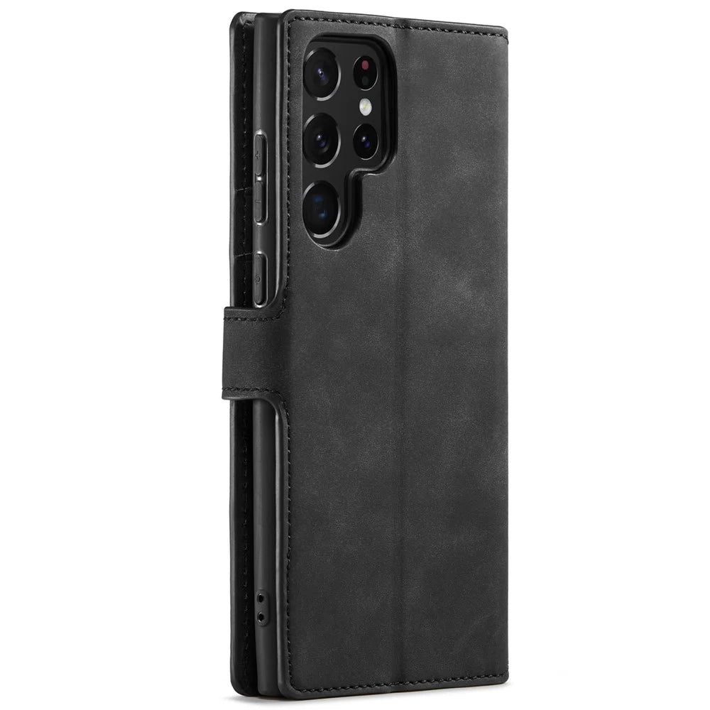 DG.MING Retro Style PU Leather Wallet Cover Scratch-resistant Foldable Stand Phone Case for Samsung Galaxy S22 Ultra 5G - Black - 3