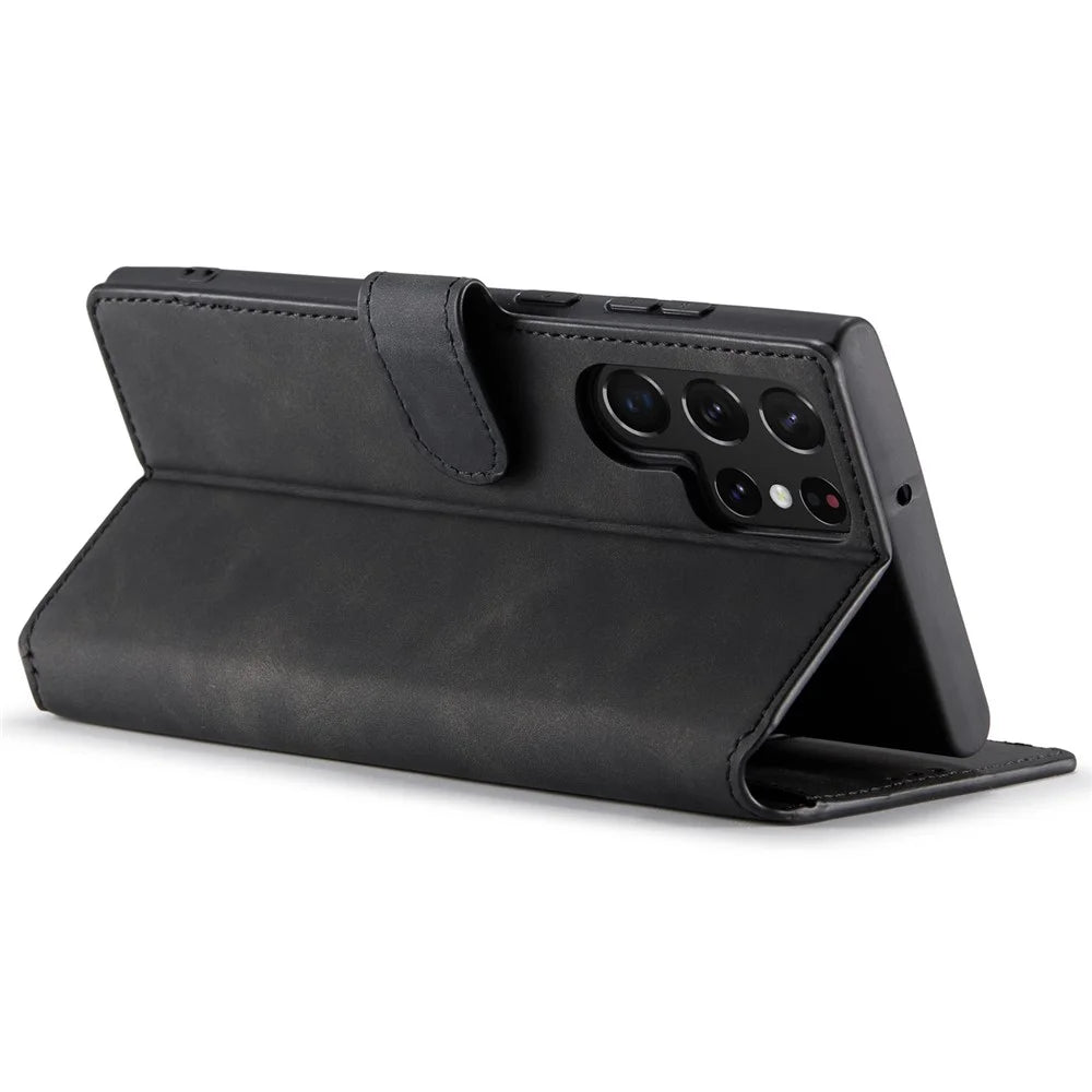 DG.MING Retro Style PU Leather Wallet Cover Scratch-resistant Foldable Stand Phone Case for Samsung Galaxy S22 Ultra 5G - Black - 4