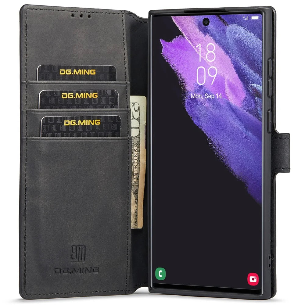 DG.MING Retro Style PU Leather Wallet Cover Scratch-resistant Foldable Stand Phone Case for Samsung Galaxy S22 Ultra 5G - Black - 5