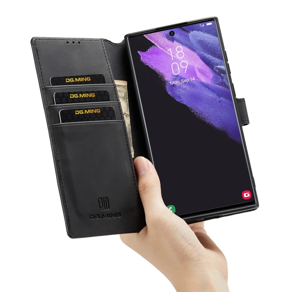 DG.MING Retro Style PU Leather Wallet Cover Scratch-resistant Foldable Stand Phone Case for Samsung Galaxy S22 Ultra 5G - Black - 6