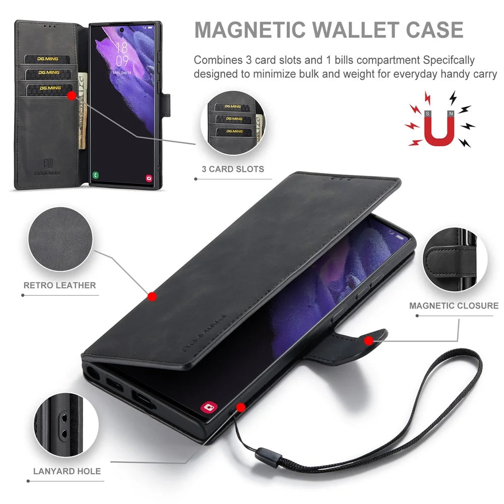DG.MING Retro Style PU Leather Wallet Cover Scratch-resistant Foldable Stand Phone Case for Samsung Galaxy S22 Ultra 5G - Black - 7