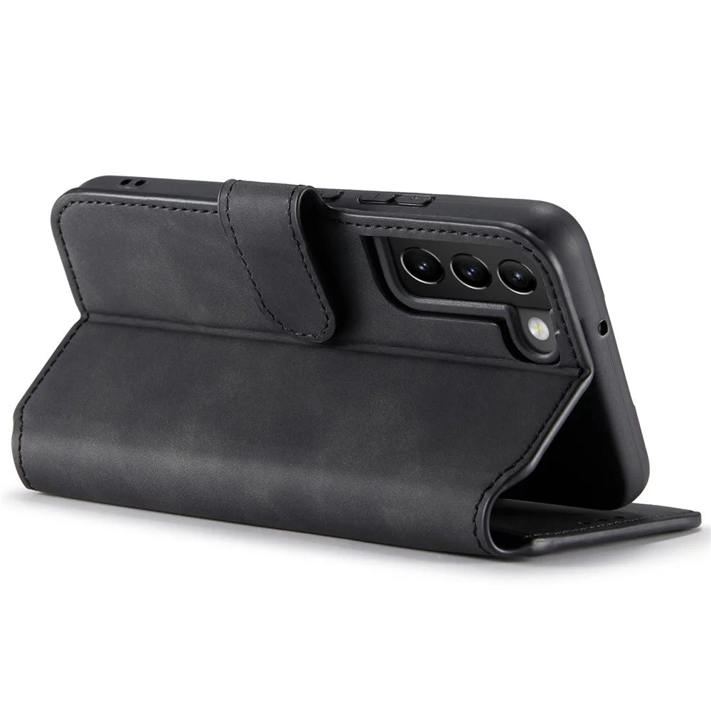 DG.MING Retro Leather Case Anti-drop Well-protected Wallet Stand Phone Cover for Samsung Galaxy S22+ 5G - Black - 4