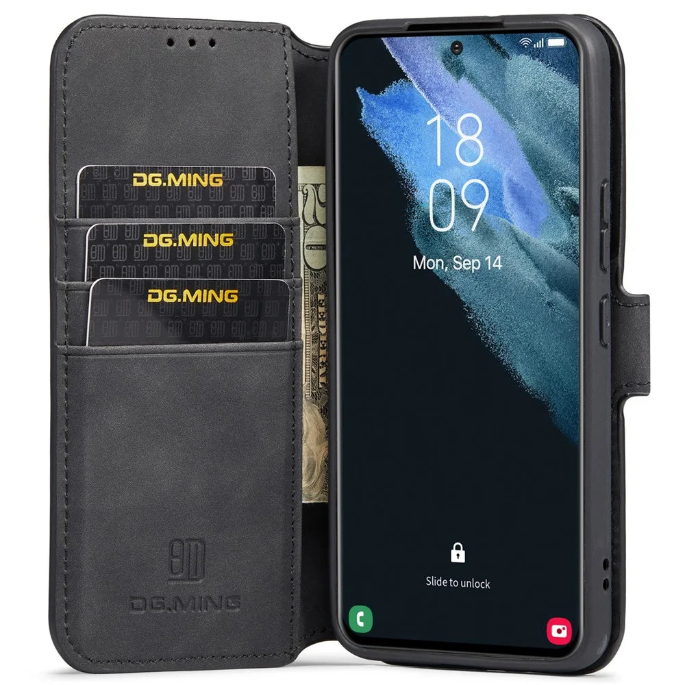 DG.MING Retro Leather Case Anti-drop Well-protected Wallet Stand Phone Cover for Samsung Galaxy S22+ 5G - Black - 5