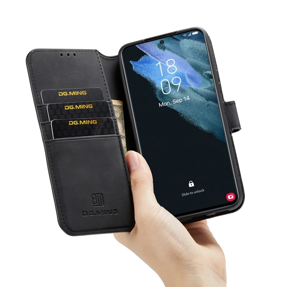 DG.MING Retro Leather Case Anti-drop Well-protected Wallet Stand Phone Cover for Samsung Galaxy S22+ 5G - Black - 6