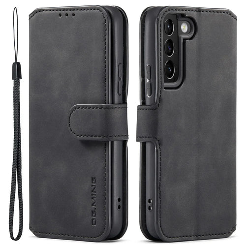 DG.MING All-inclusive Protection Retro Style Phone Case Stand Wallet PU Leather Cover for Samsung Galaxy S22 5G - Black - 1