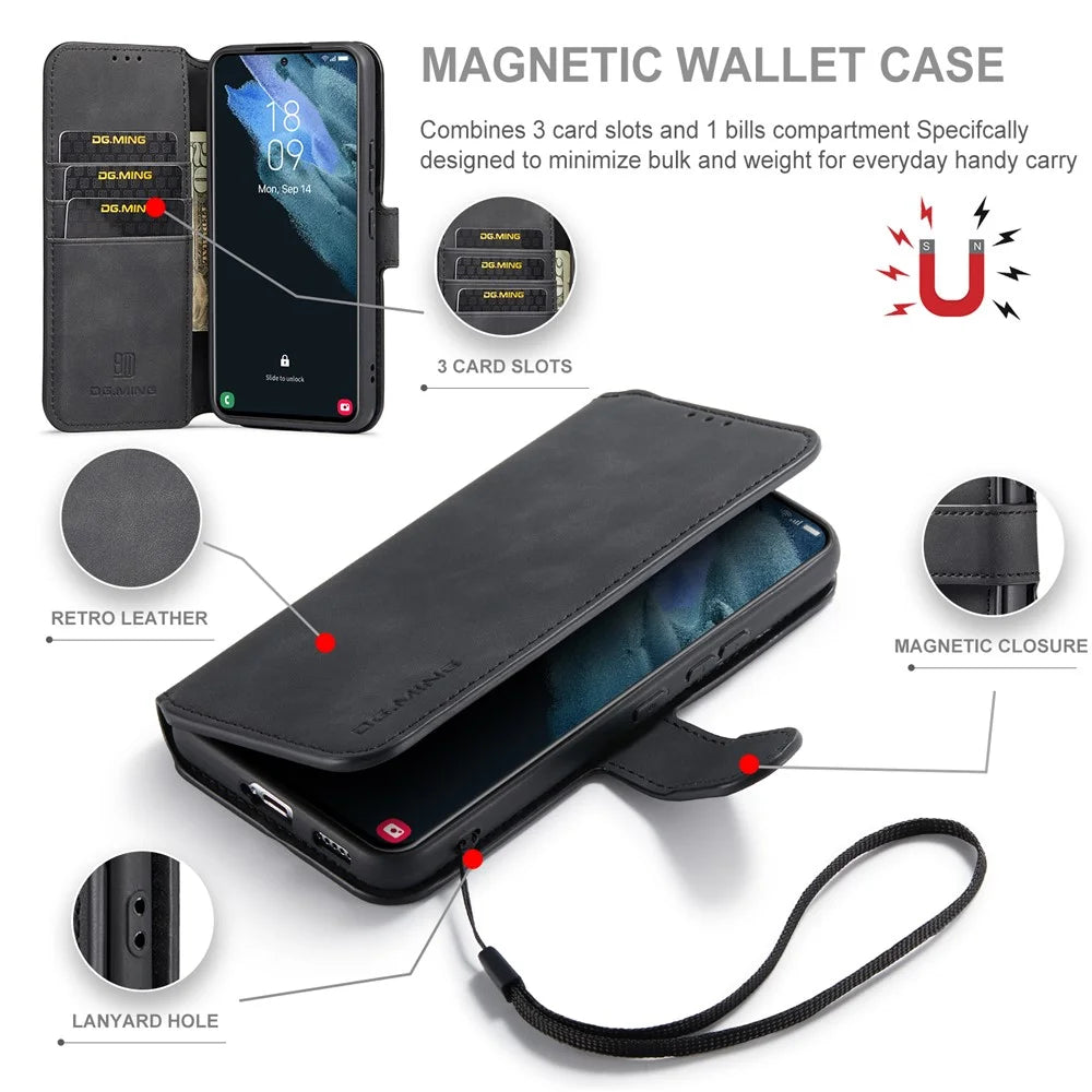 DG.MING All-inclusive Protection Retro Style Phone Case Stand Wallet PU Leather Cover for Samsung Galaxy S22 5G - Black - 7