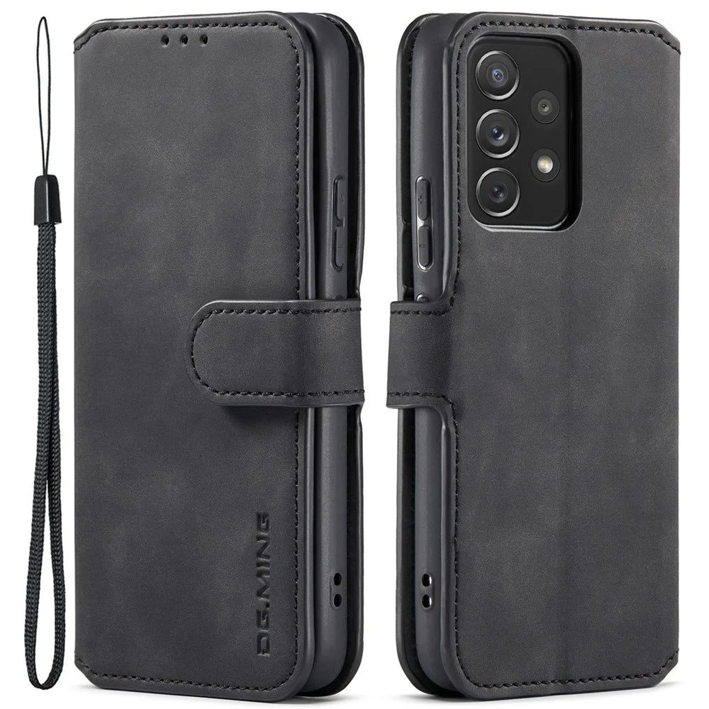 DG.MING Stand Wallet Design Retro Style PU Leather Cover Inner Soft TPU Phone Case for Samsung Galaxy A53 5G - Black - 1