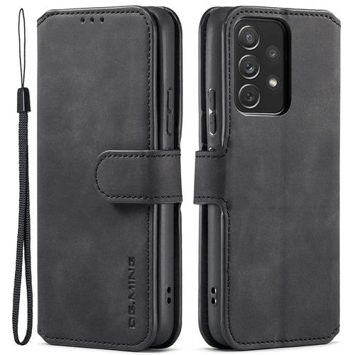 DG.MING Stand Wallet Design Retro Style PU Leather Cover Inner Soft TPU Phone Case for Samsung Galaxy A53 5G - Black - 1