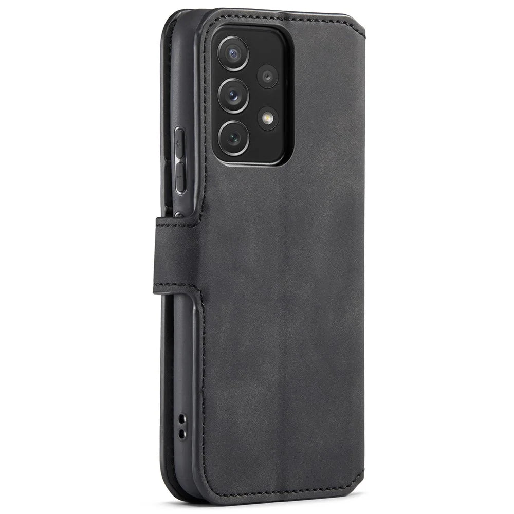 DG.MING Stand Wallet Design Retro Style PU Leather Cover Inner Soft TPU Phone Case for Samsung Galaxy A53 5G - Black - 3