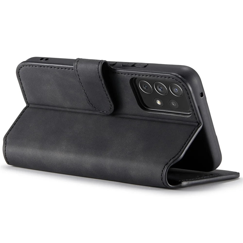 DG.MING Stand Wallet Design Retro Style PU Leather Cover Inner Soft TPU Phone Case for Samsung Galaxy A53 5G - Black - 4
