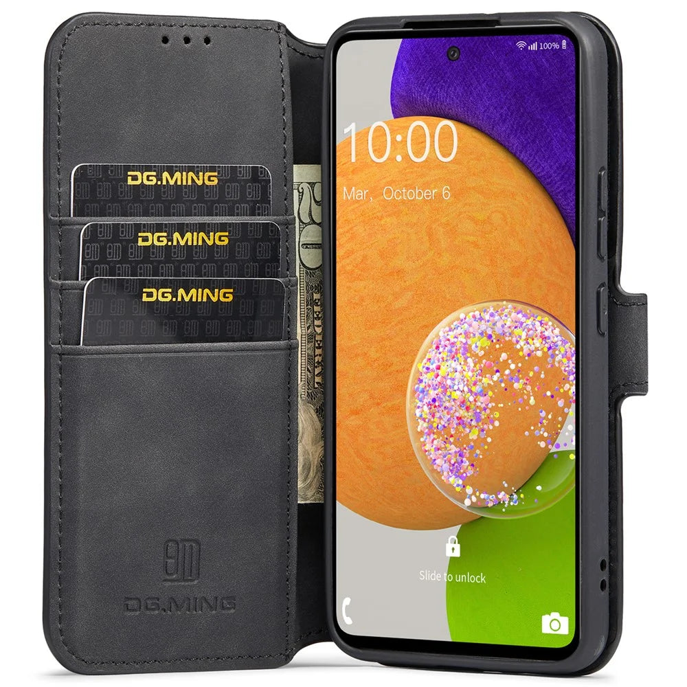 DG.MING Stand Wallet Design Retro Style PU Leather Cover Inner Soft TPU Phone Case for Samsung Galaxy A53 5G - Black - 5